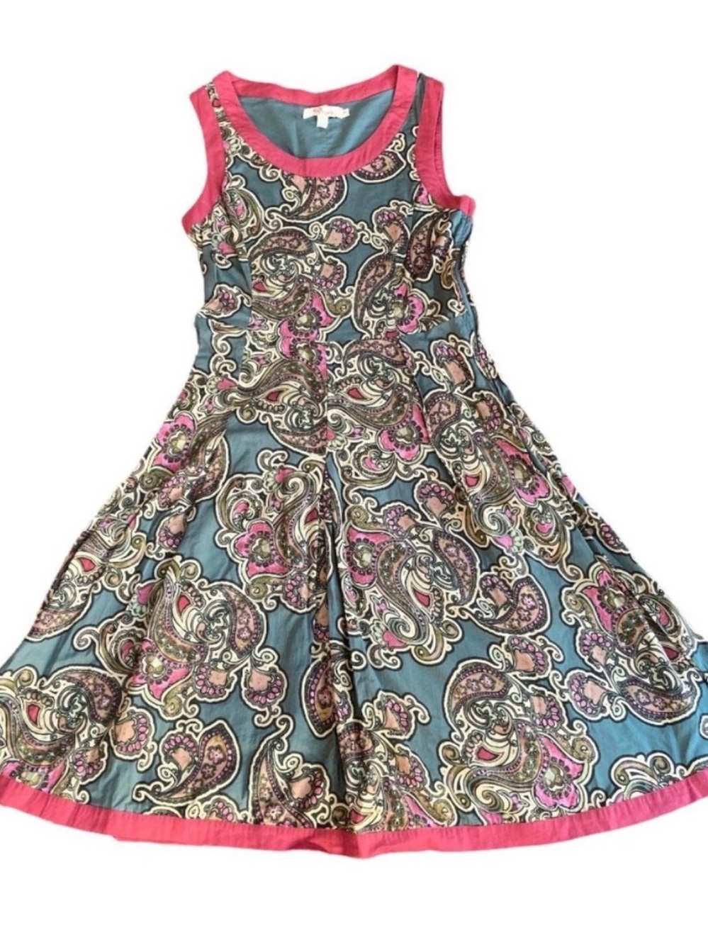 Teal Paisley Sleeveless Dress with Pink Trim